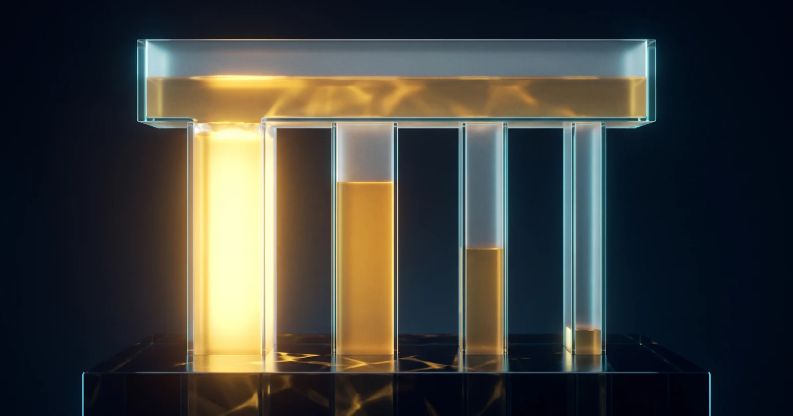 Illustration abstraite : un réservoir de lumière dorée alimentant quatre canaux de verre remplis à des niveaux différents.