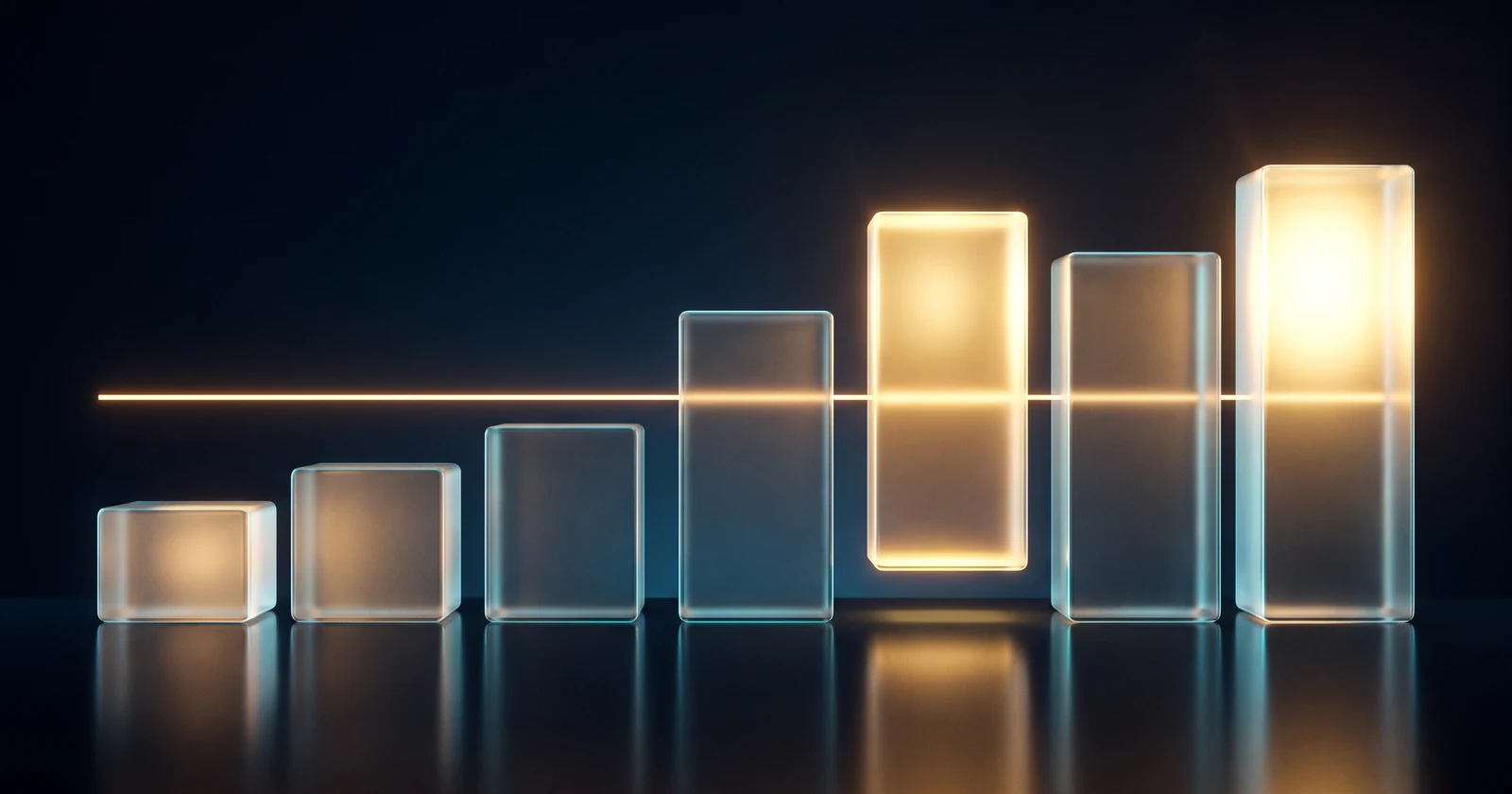 Illustration abstraite : sept blocs de verre de hauteurs croissantes alignés sur une ligne de lumière dorée, formant une échelle de valeur.