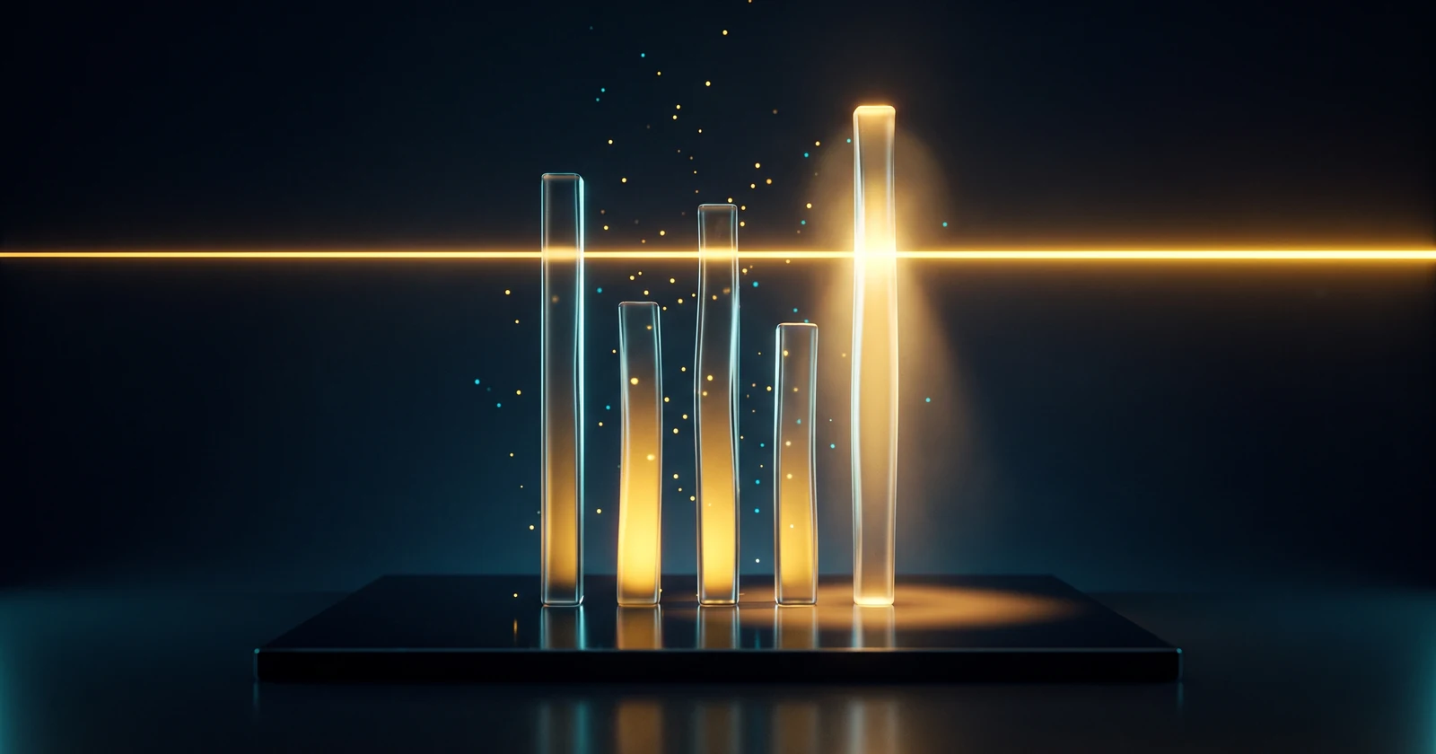 Illustration abstraite : cinq colonnes de verre de hauteurs différentes traversées par un faisceau de lumière dorée, la plus haute s'illuminant.